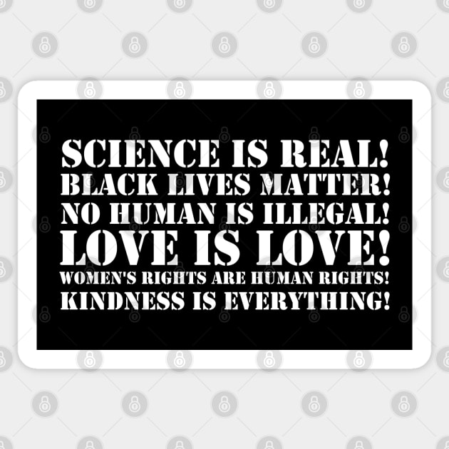 Science is real! Black lives matter! No human is illegal! Love is love! Women's rights are human rights! Kindness is everything! Sticker by valentinahramov